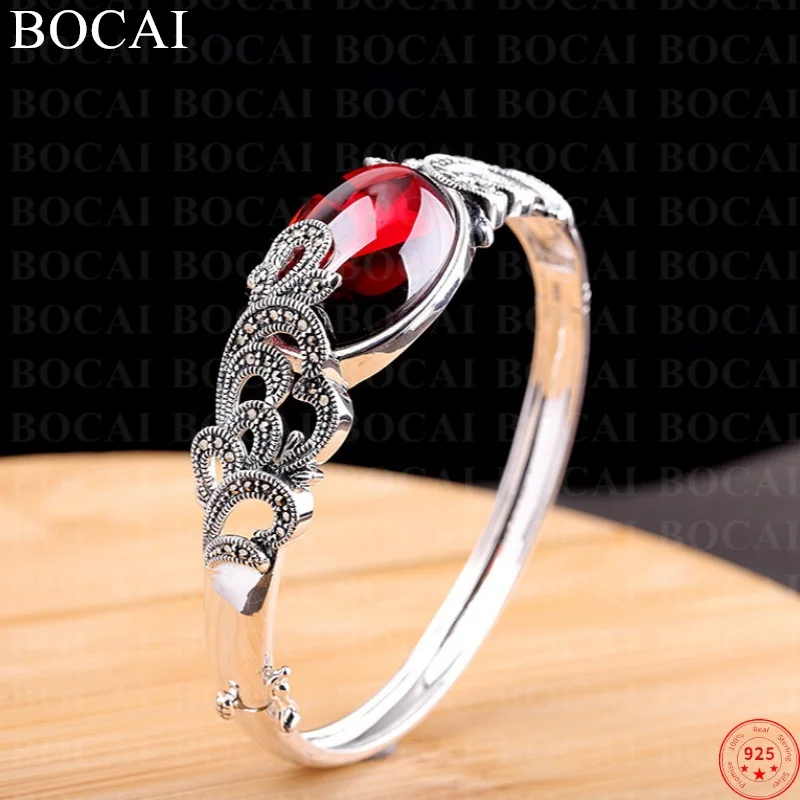 

BOCAI Sterling Silver S925 Bangles for Women New Fashion Hollow Eternal Rattan Yellow Chalcedony Garnet Bracelets Free Shipping