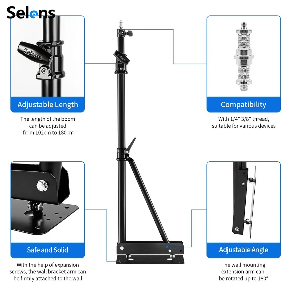 แขนบูมติดผนัง Selens สามเหลี่ยมแหวนไฟสนับสนุน180 ° การหมุนที่ยืดหยุ่นสำหรับสตูดิโอแฟลชวิดีโอ, monolight, softbox
