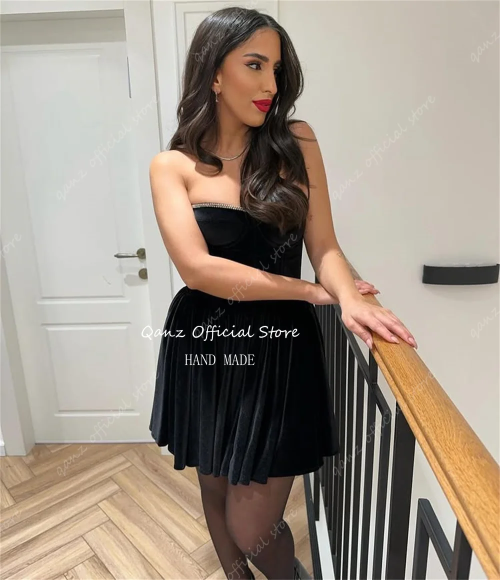 Qanz-Robe de Rhen cristal noir sexy pour femme, mini robe en velours à lacets dans le dos, robe de soirée élégante, robe d'anniversaire personnalisée