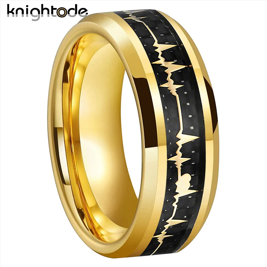 

8mm Yellow EKG Heartbeat Wedding Band Tungsten Ring Carbon Fiber Inlay For Engagement Jewelry Beveled Edges Polished Comfort Fit