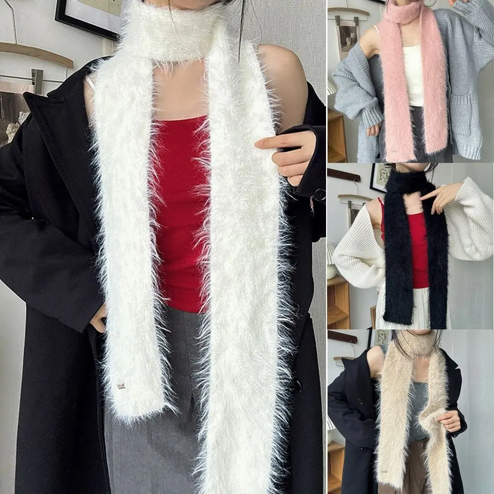 Outdoor Soft Plush Mohair Women Scarf Long Strip Warm Neck Thin Long Scarves Solid Color Y2K Girl Scarf Female