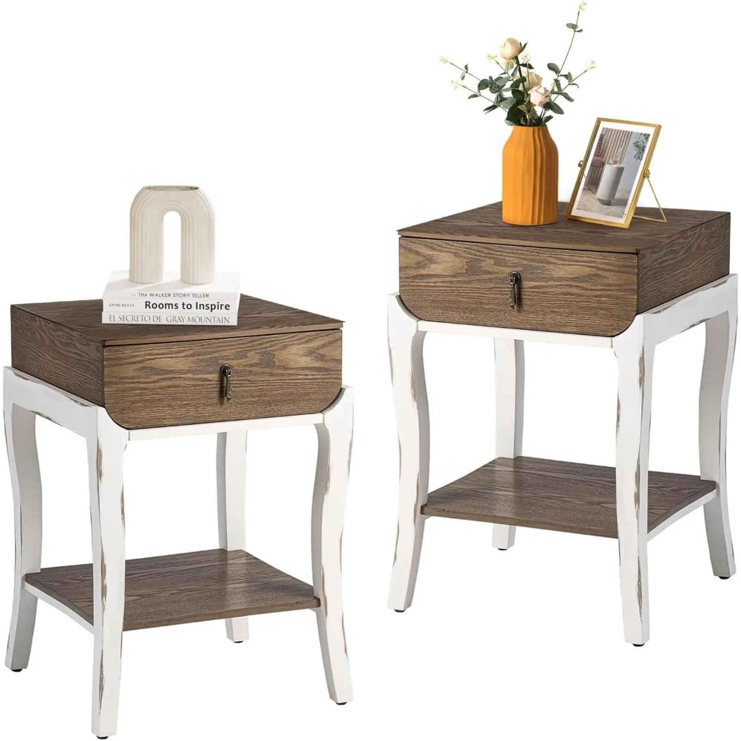 Set of 2 Rustic Nightstand, 2-Tier Farmhouse Bedside Table, Wood Accent End Table with Storage Drawer (White & Walnut)