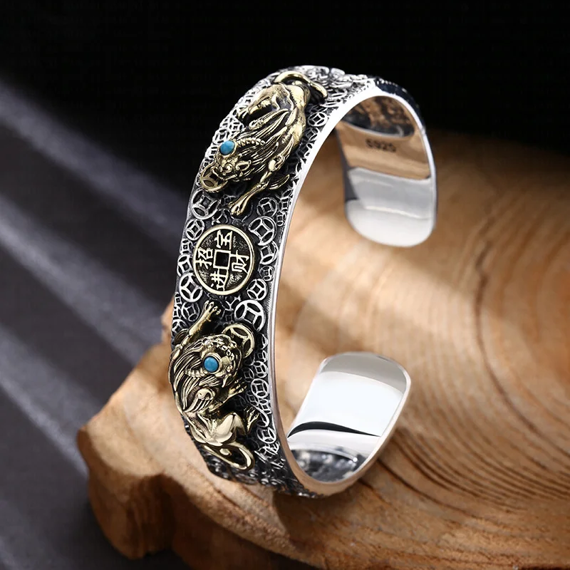 S925 Sterling Silver Charms Bracelets for Women Men Retro 3D PiXiu Ancient Coins 17mm Bangle New Fashion Jewelry Wholesale