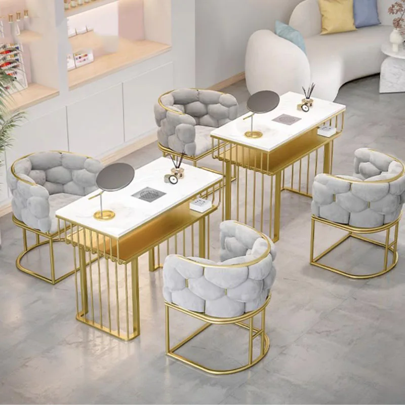 Mesa de uñas de mármol dorado, diseño técnico, silla de cliente, mesa de uñas, aspiradora, tocador, Onglerie, muebles de salón profesional