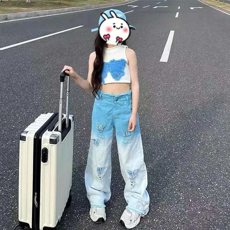 2025 Summer Girls' Clothing Set Beaded Butterfly  Vest Top + Sky-to-Snow Denim Bell-Bottoms Jeans Distressed Holes Playsuit 2-7Y