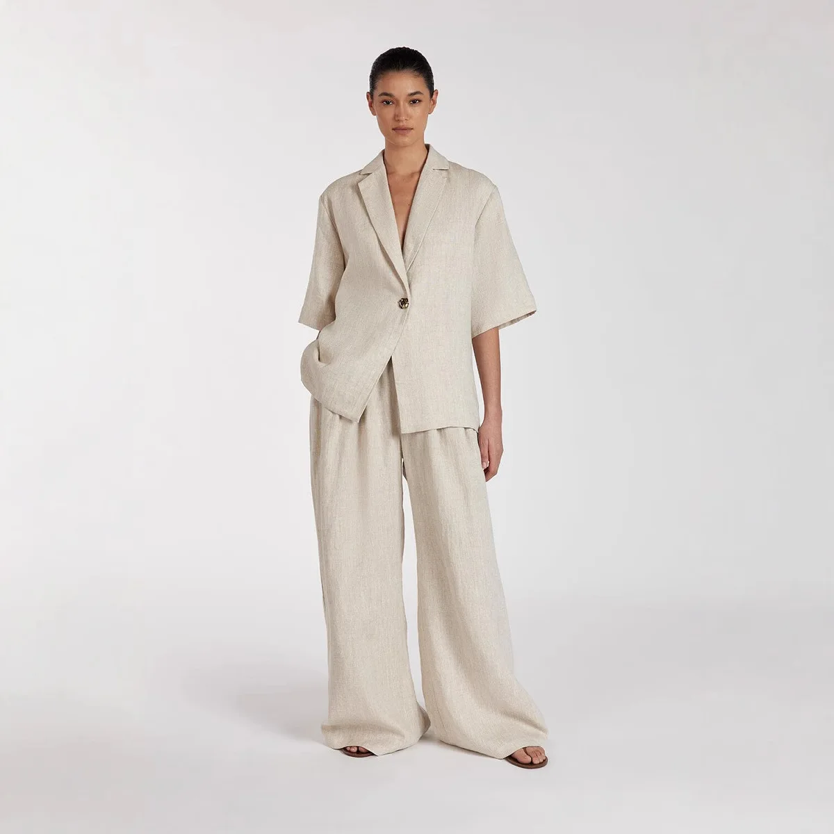 

Новинка Весна-Лето 2026: Льняной деловой костюм для женщин – кардиган с отложным воротником и рукавом до локтя, свободные брюки с широкими штанинами, комплект из двух предметов