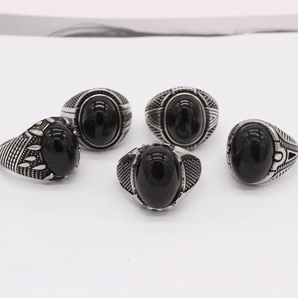 

European and American Fashion Simple Retro Oval Black Sapphire Men's Stainless Steel Rings Size 7-12