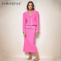 TWOTWINSTYLE Elegant Two Piece Set For Women Notched Collar Long Sleeve Coat High Waist Bodycon Skirt Chic Sets Female Fashion