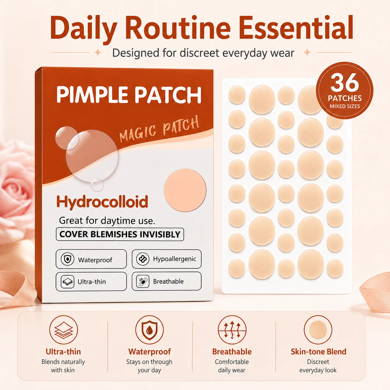 540PCS Skin Tone Hydrocolloid Pimple Patches, 15 Sheets, Ultra-Thin Waterproof Face Stickers for Day & Night Use