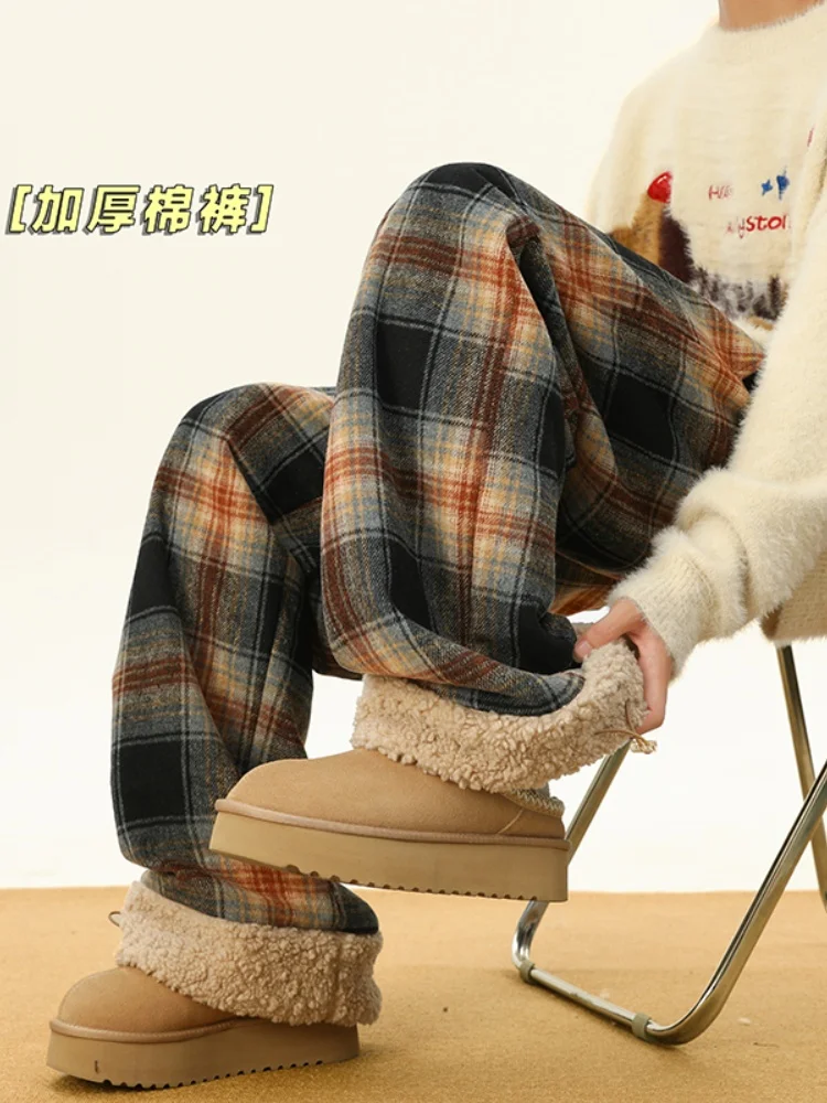 

Мужские теплые хлопковые брюки в клетку на флисовой подкладке, прямые повседневные брюки в винтажном американском стиле, зимние длинные брюки