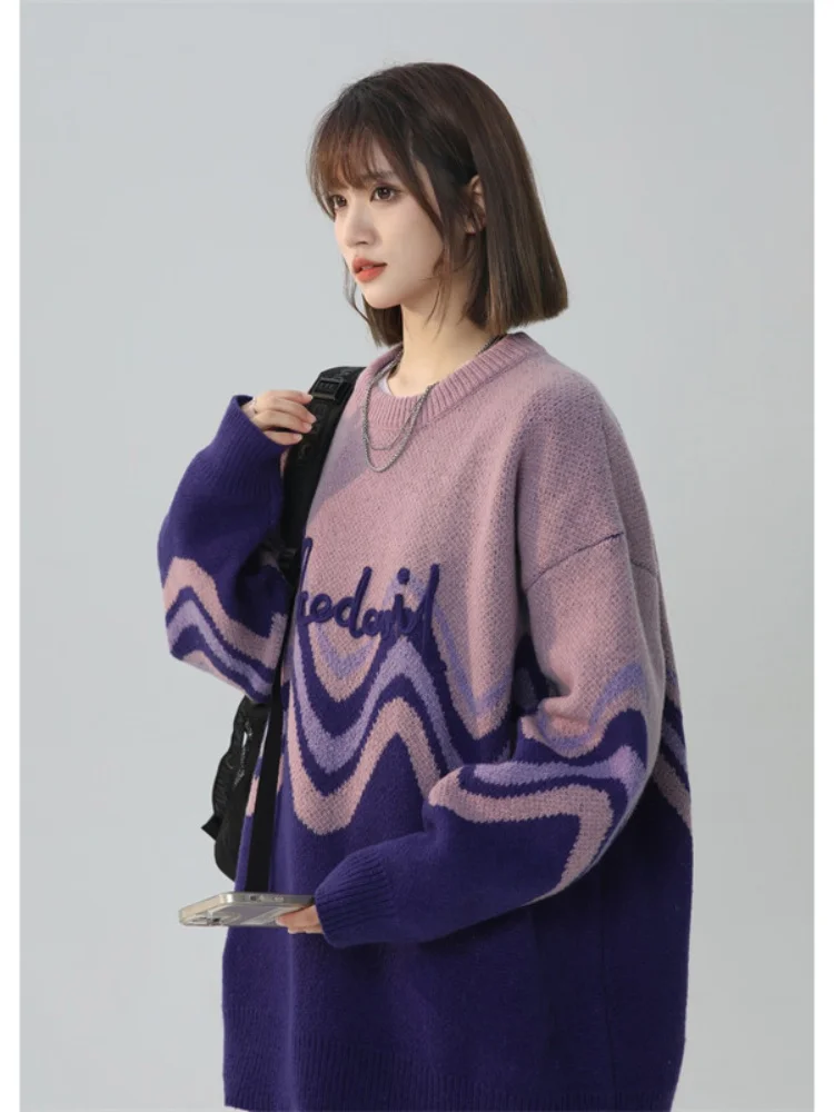 

Color Blo Design round Ne Knitwear Men's Autumn Winter Sle Japanese Loose Fit Couple's Sweater Comfortable Polyester