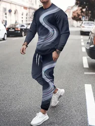 Simple Curve Print Autumn Urban Trend Street Men's Crewneck Top And Pants Outdoor Leisure Sports Men's Long Sleeve 2pcs Suit