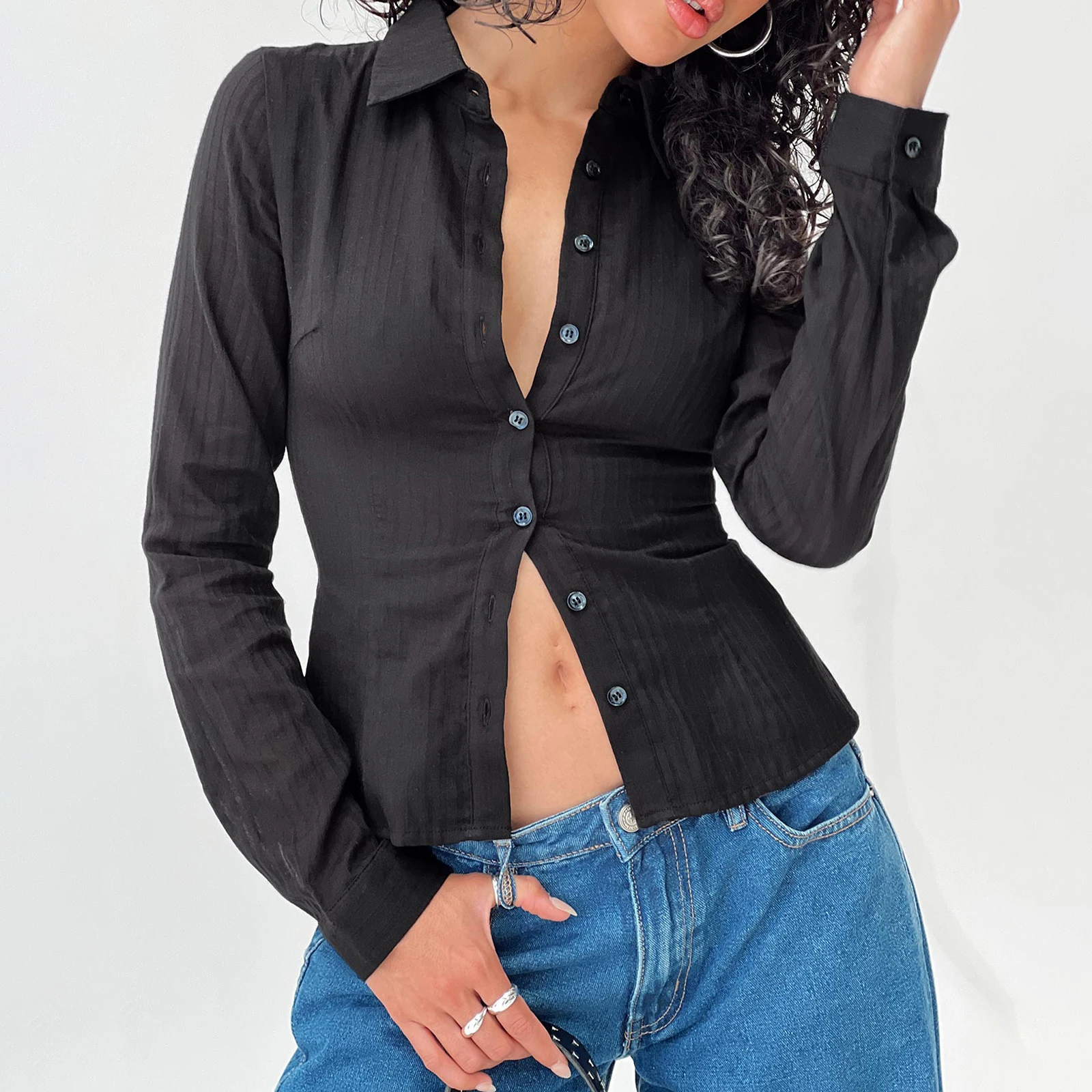 女性ストライプシャツ長袖ラペルボタンダウンスリムフィットトップス日常着アウトドアアクティビティストリート