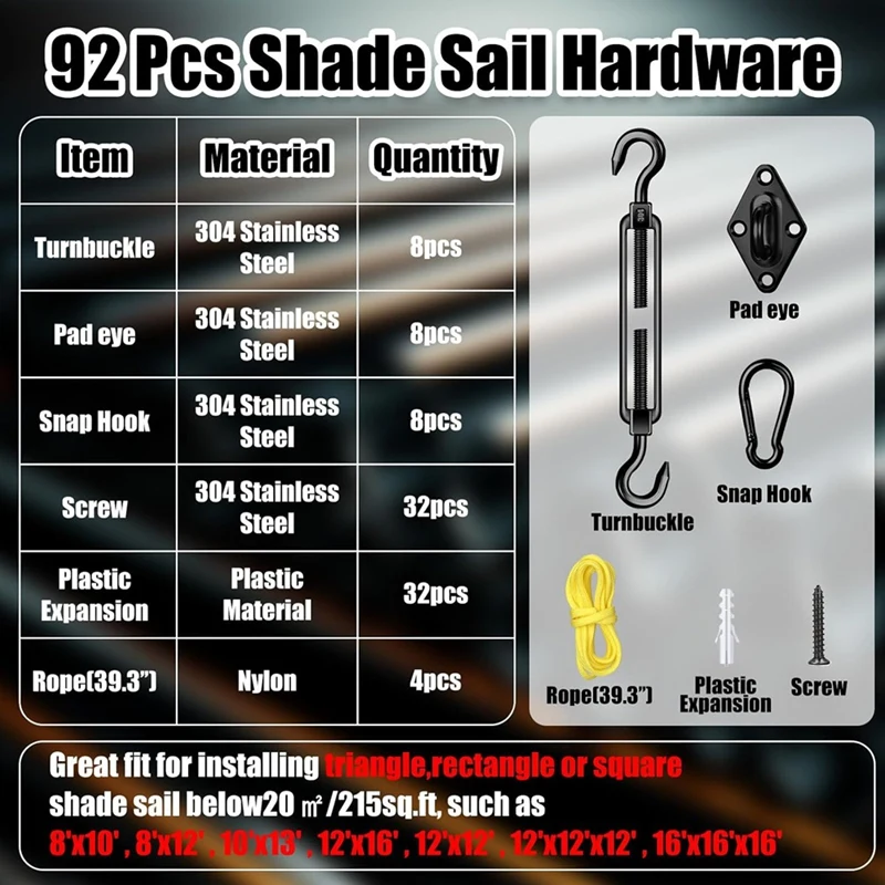 92 Pieces Shade Sail Hardware Kit Rust-Proof Shade Hardware Kit For Triangle Rectangle Shade Sail Installation