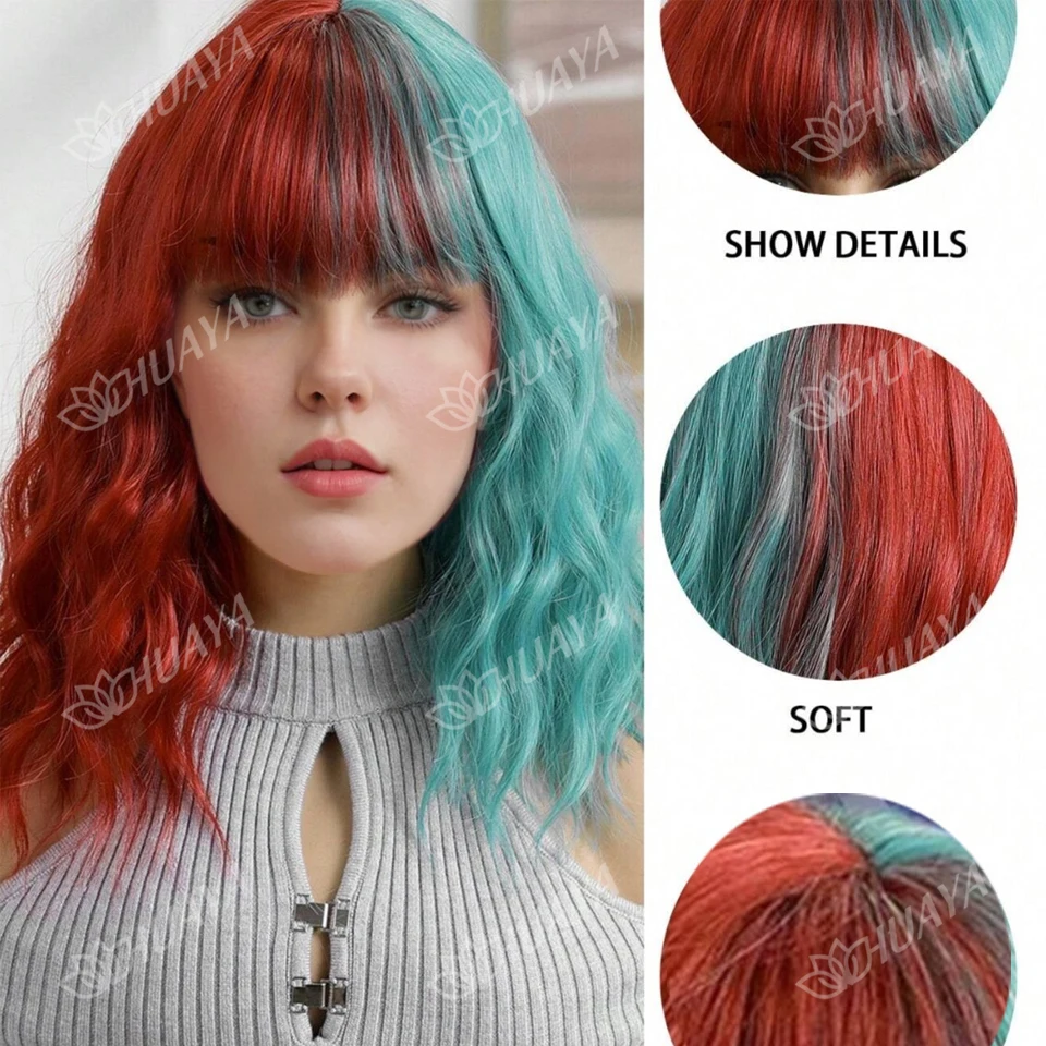 Short Wavy Curly Synthetic Wigs For Women Internet celebrity style with bangs Half Red Half Green Wigs European and American