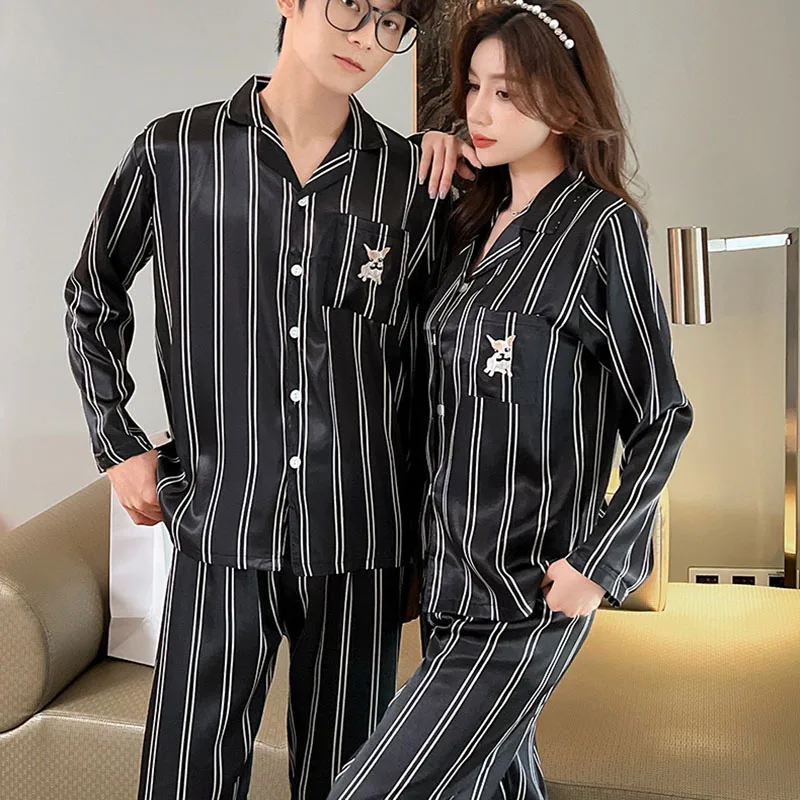 Women Pajamas Set Autumn Winter Long-Sleeved Striped Girl Homewear Two-Piece Silk Cardigan Lapel Ladies Comfortable Sleepwear