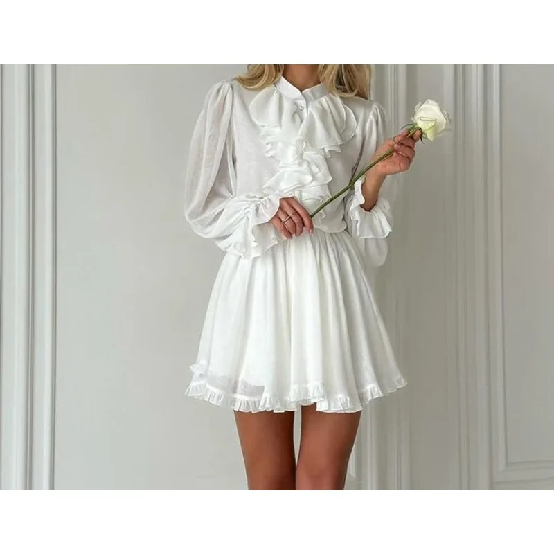 

French Temperament Elegant Women's Design Feeling Ruffle Edge Stand-up Collar Long Sleeve Elastic Waist A-shaped Skirt