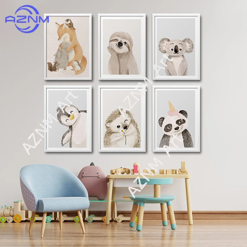 Faultier, Igel, Koala, Panda, Pinguin Leinwanddruck Poster für Kinderzimmer Wandkunst Moderne Kinderzimmer-Dekoration Baby-Dekorationsbild
