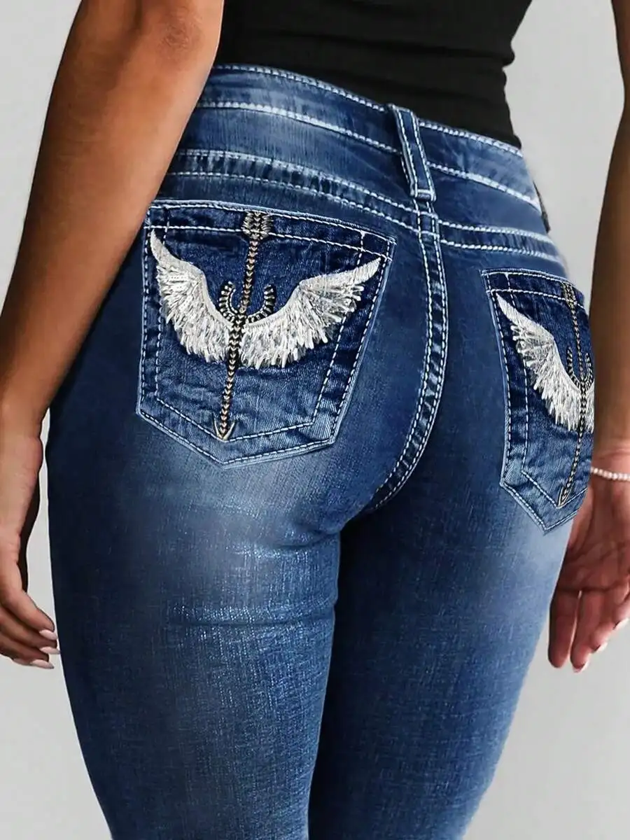 

High-Waist Flare Jeans With Wing Embroidery Pocket, Stretch Denim, Casual Vintage Style