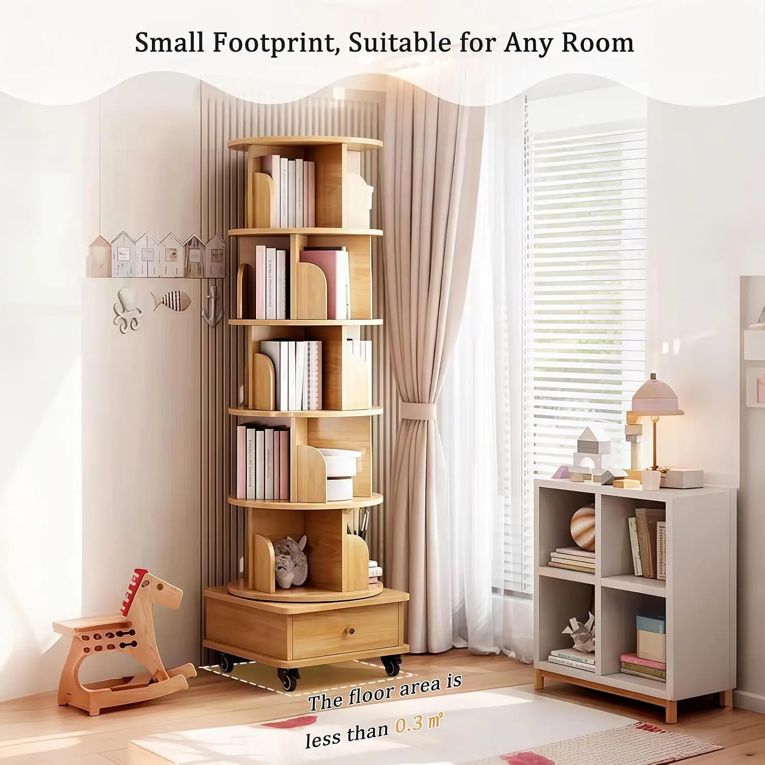 5 Tier Rotating Bookshelf 360° Spinning Tower Shelf Space-Saving for Bedroom Living Room, Customized
