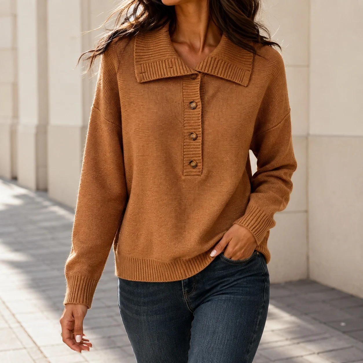 Casual Button Front Sweater Loose Fit with Japanese Korean Casual Polo Collar Autumn Regular Sleeve High Neck Women Sweater