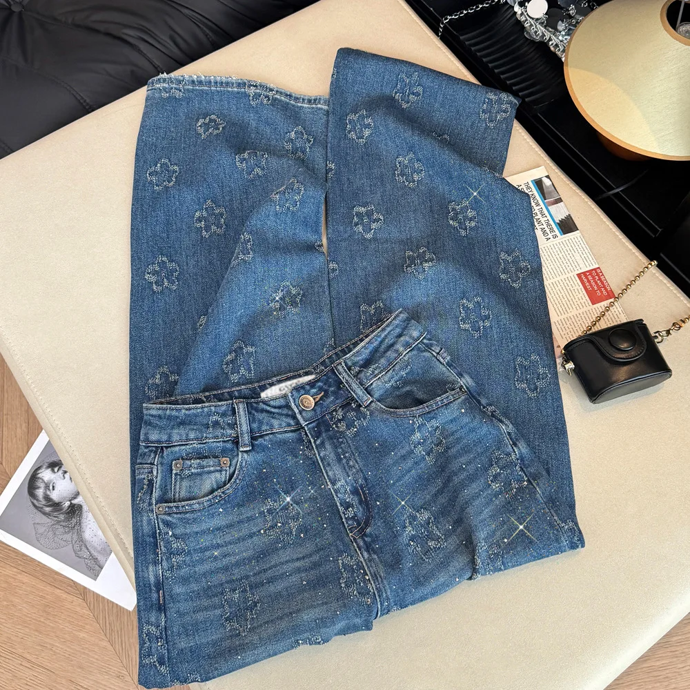 Flower Embroidery Rhinestone Jeans For Women French Fashion High Street Straight Leg Denim Pants Casual Retro Appliques Trousers