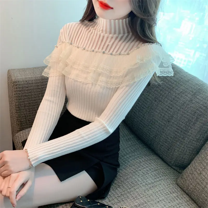 2023 Autumn Winter Ruffles Edge Solid Color Turtleneck Women Clothes Fit Leisure Elegant Beaded Long Sleeved Knitting Shirts