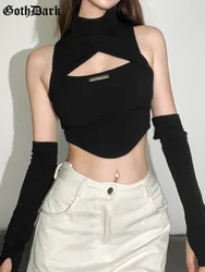 Goth Dark Techwear Cyber Y2k Hollow Out Tank Tops Punk Gothic Turtleneck Women Sexy Crop Top With Glove Sleeve Skinny Streetwear