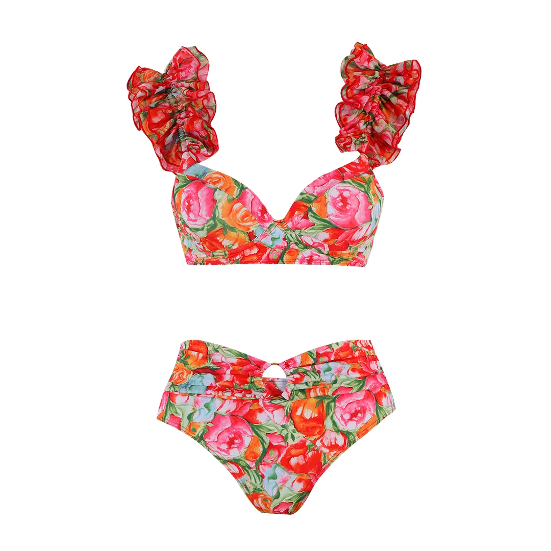 2025 3Pc High Quality Ruffle Bikini Set With Cover Up Floral Swimsuit Women Print Bathing Suit Push Up Biquini Female Beachwear