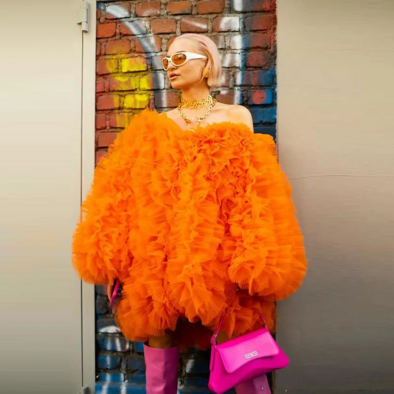 

Chic Orange Dresses Fluffy Above Knee Length Full Sleeves Ruffles Women Party Dress Short A Line Prom Gowns Tulle Layered