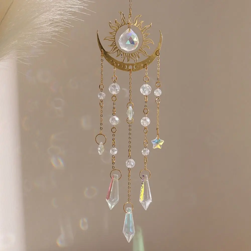 Golden Flame Moon Crystal Pendant Moon Eye AB Colourful Sunshine Catcher Hanging Moon Hanging Decoration Garden