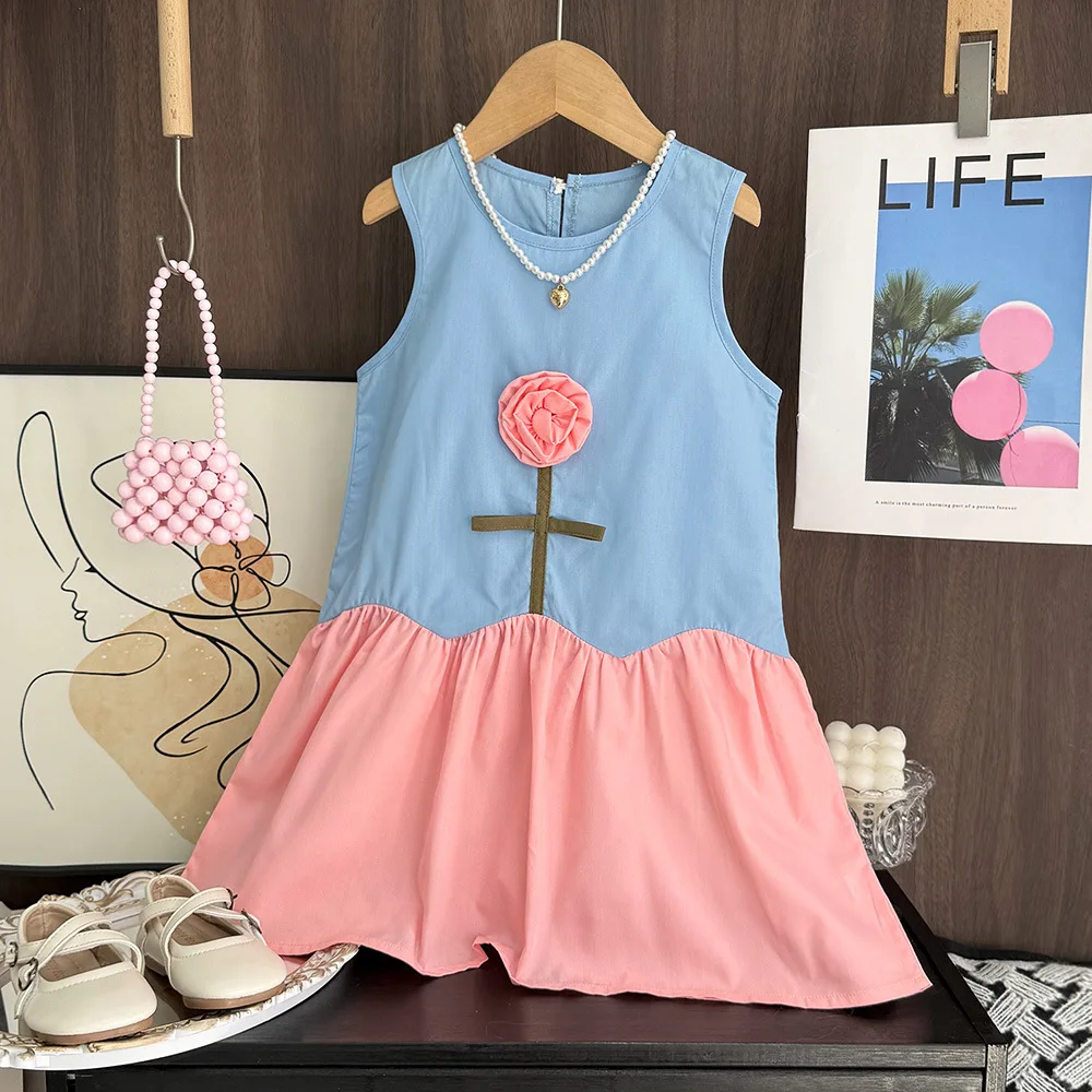 

Korean Version Sweet and Cute Girls Dress 3D Flower Decoration Color Blocked Kids Dresses Summer New Casual Children's Clothing