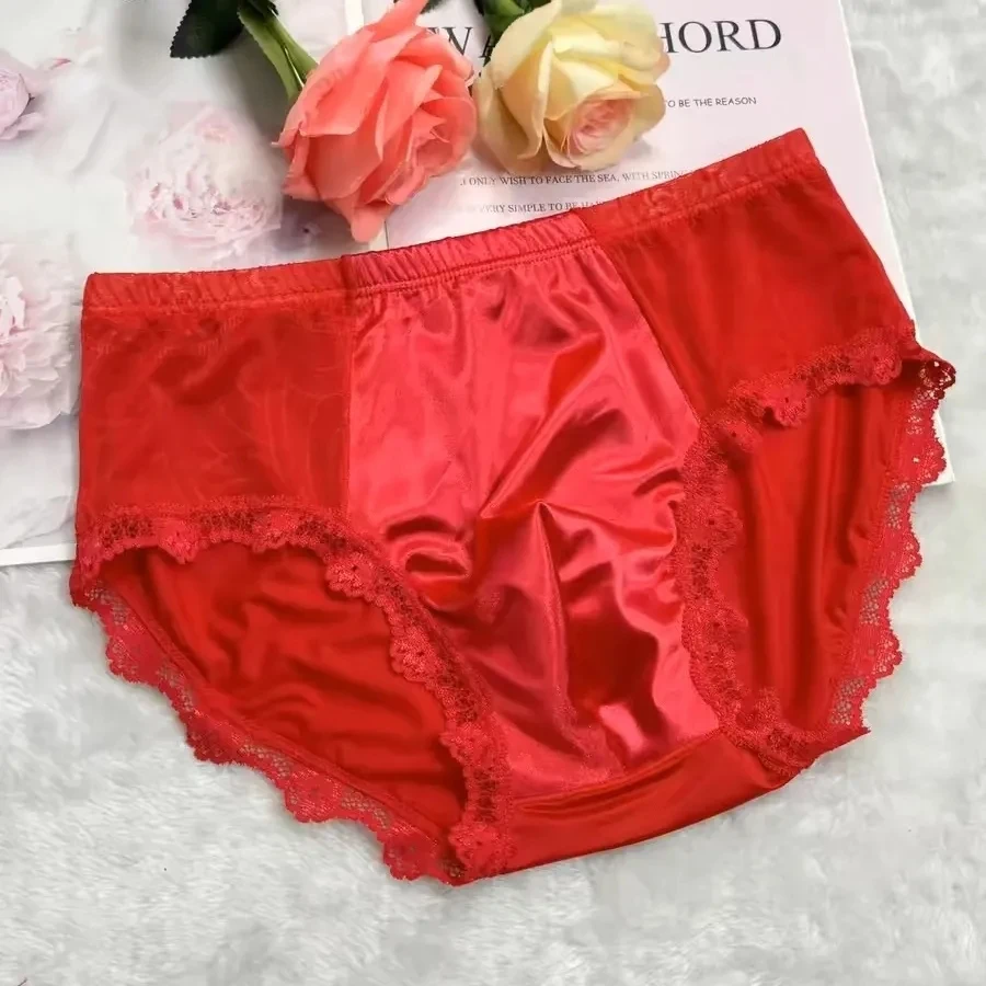 Man's Lace Silky Touch Satin Red Panties Briefs Live Show DJ Club Bar Runing Touring Costumes FKK Party