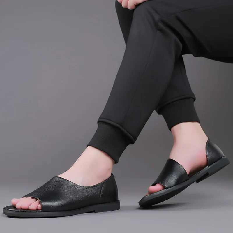 100% Genuine Leather Shoes Men Sandals Soft Cow Leather Mens Sandals Flat Non-slip Summer Holiday Shoes Black Slip-on KA4389