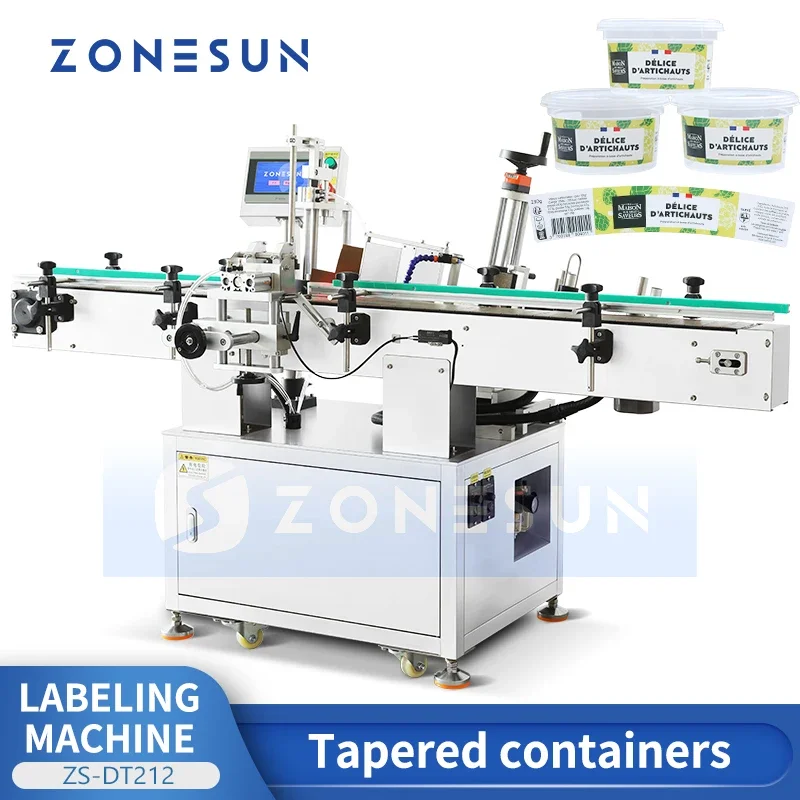 ZONESUN Automatic Tapered Bottle Labeling Machine Conical Container Label Applicator Custom Design Stickering Equipment ZS-DT212