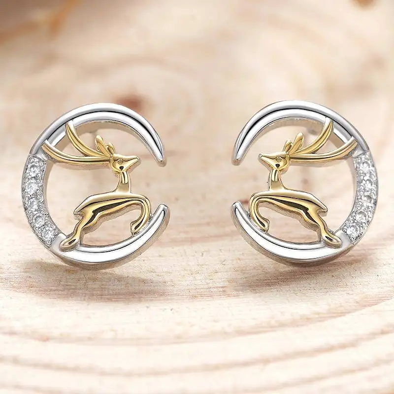 Huitan Moon Elk Design Damen-Ohrstecker, Weihnachtsfeier, bezaubernd, süßes Geschenk, Accessoires, eingelegte, glänzende CZ, anmutiger Schmuck
