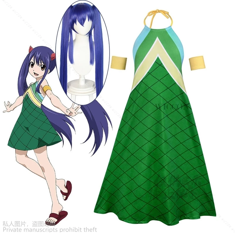 Anime FAIRY Lolita TAIL Wendy Marvell Cosplay Costume Wig Kids Green Backless Dress Wig Adult Girl Kawaii Carnival Party Suit