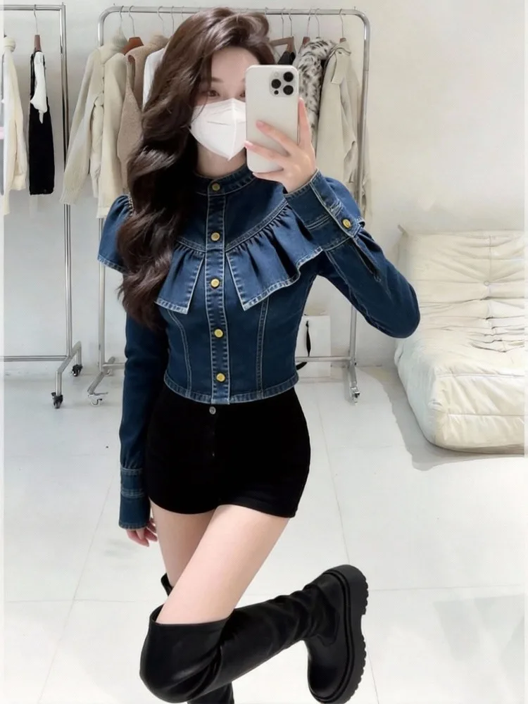 Women's Denim Ruffle Short Jacket Spring Autumn High Street Button-Down Design Youthful Chic Top Coat Long-sleeved Harajuku