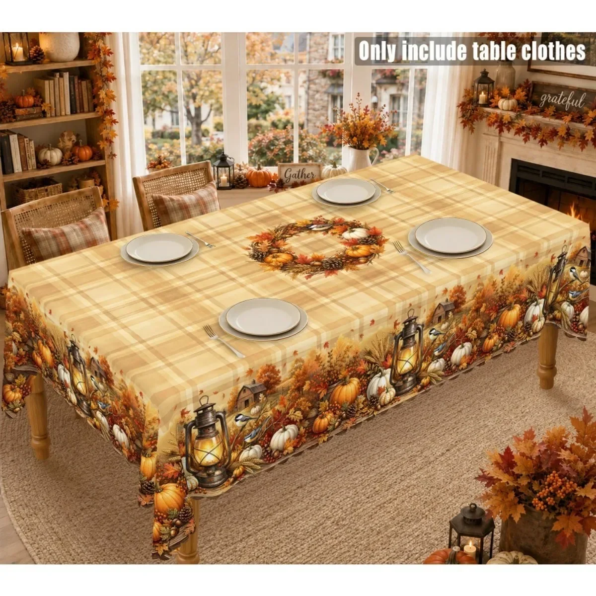 Tablecloth 1 piece 2d flat with yellow checkered pattern of pumpkin, maple leaf, retro lantern design.yzb