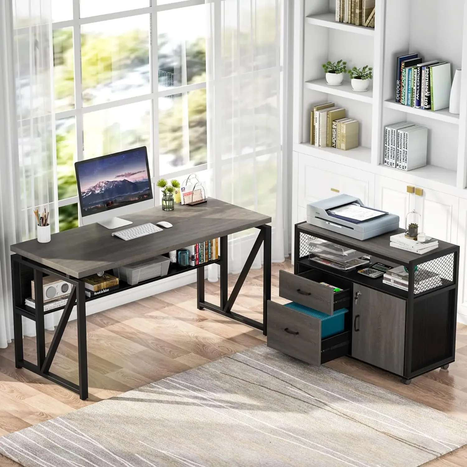 L-shaped office desk with drawer cabinet, 2 pieces of home office furniture with drawers, locked door (brown, 139.7 cm)