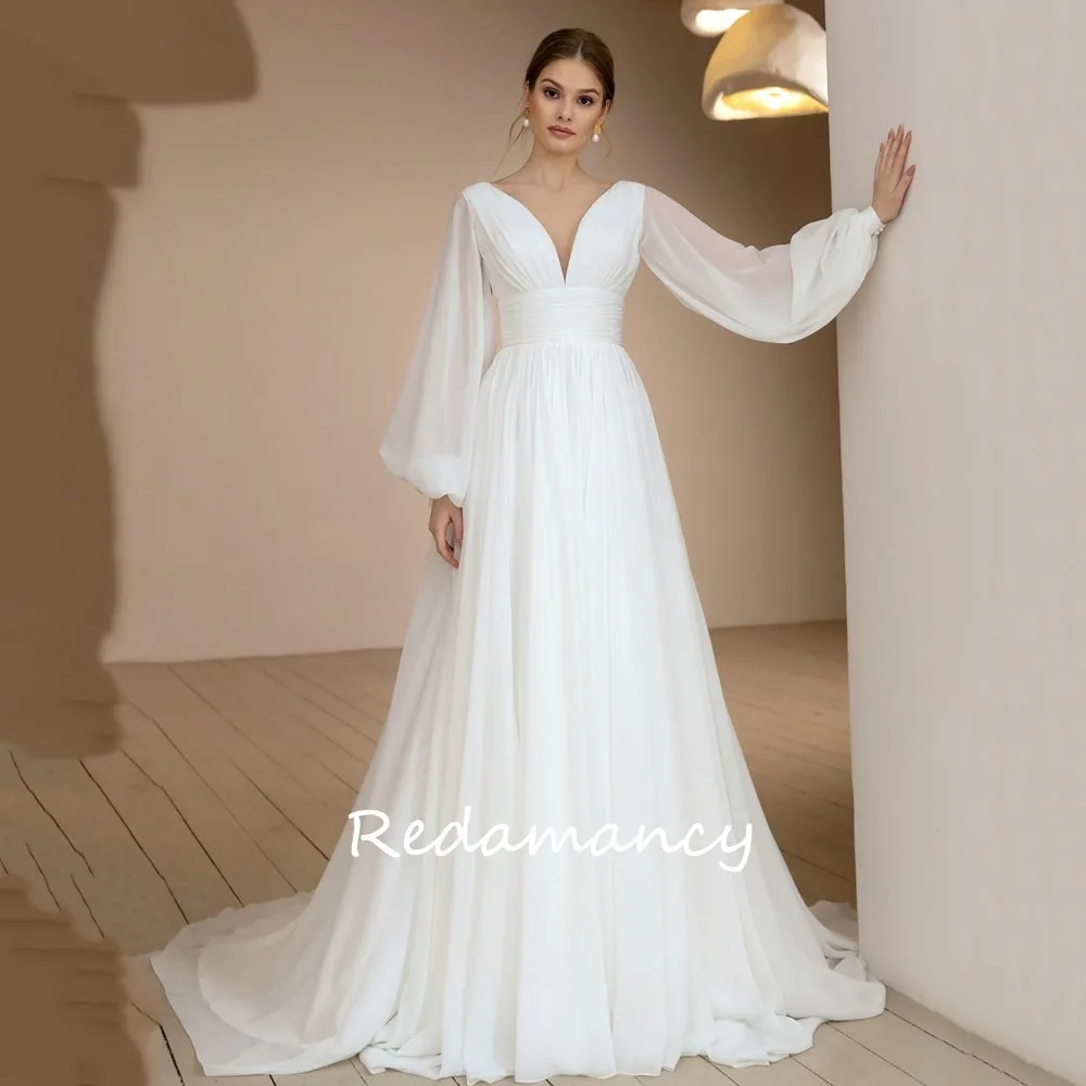 

Redamancy Simple Chiffon Long Sleeves A-LINE Wedding Dresses 2025 V-Neck Lace Up vestidos de novia wedding dresses for woman