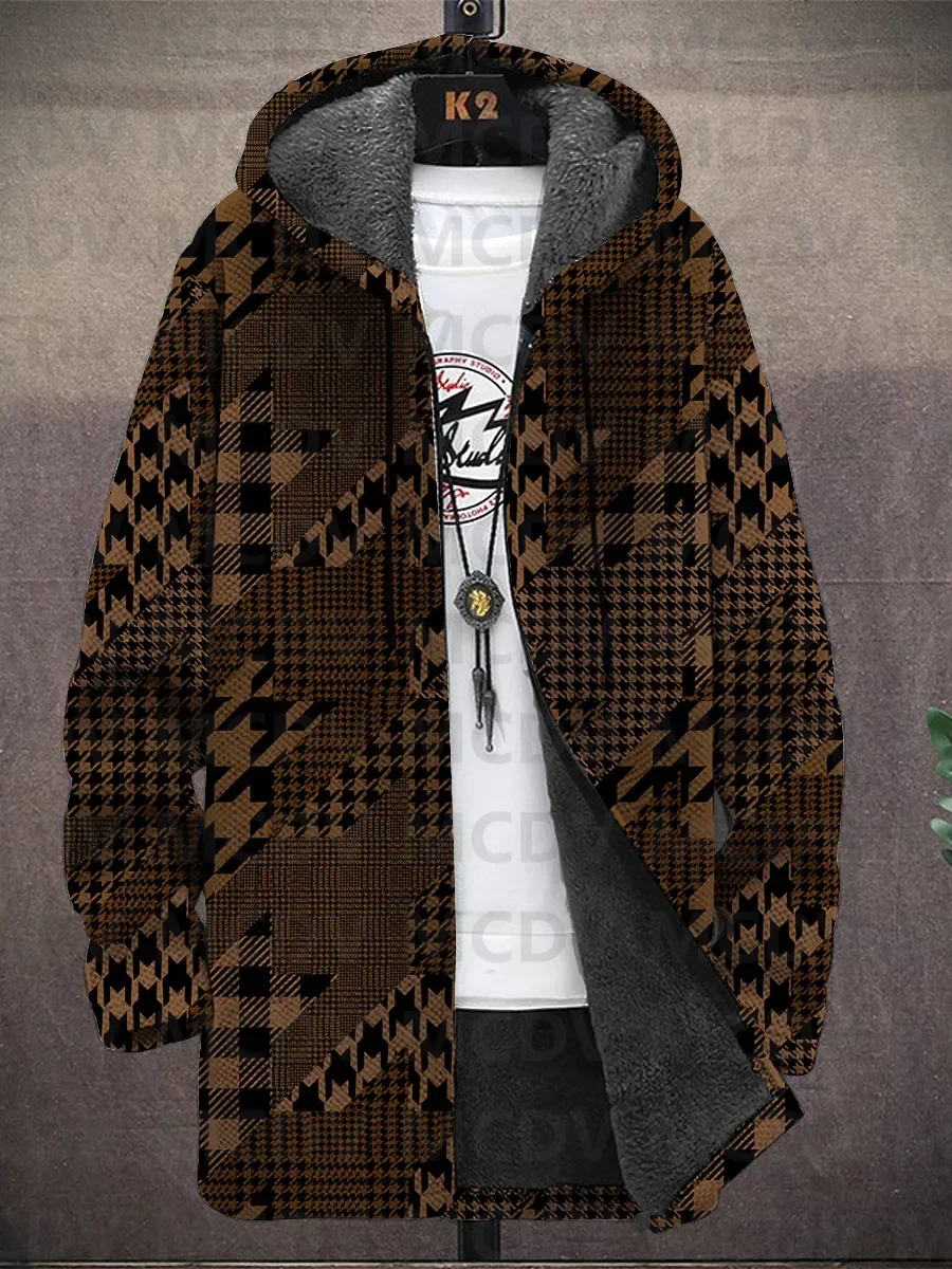 Men's Black Plaid Print Hooded Two-Pocket Fleece Cardigan Jacket