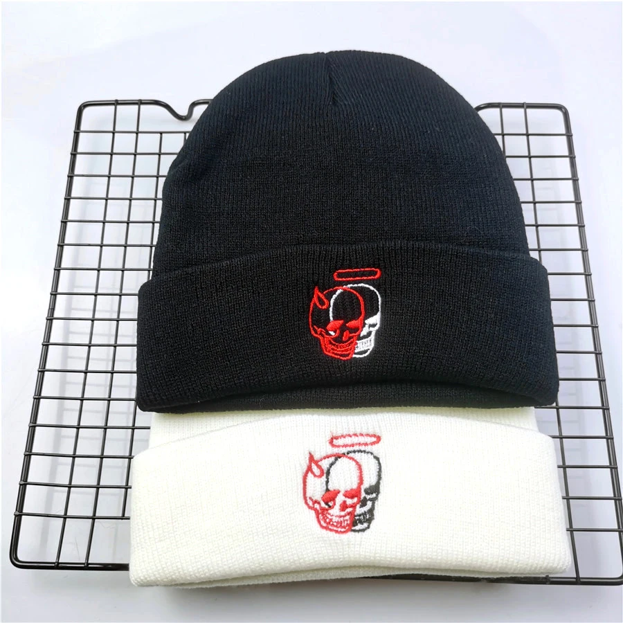 New Winter Angel Halo Devil Skeleton Embroidery Acrylic Fiber Warm Knit Beanies Hats Outdoor Riding Wind Ski Cold Caps Men Zjp8