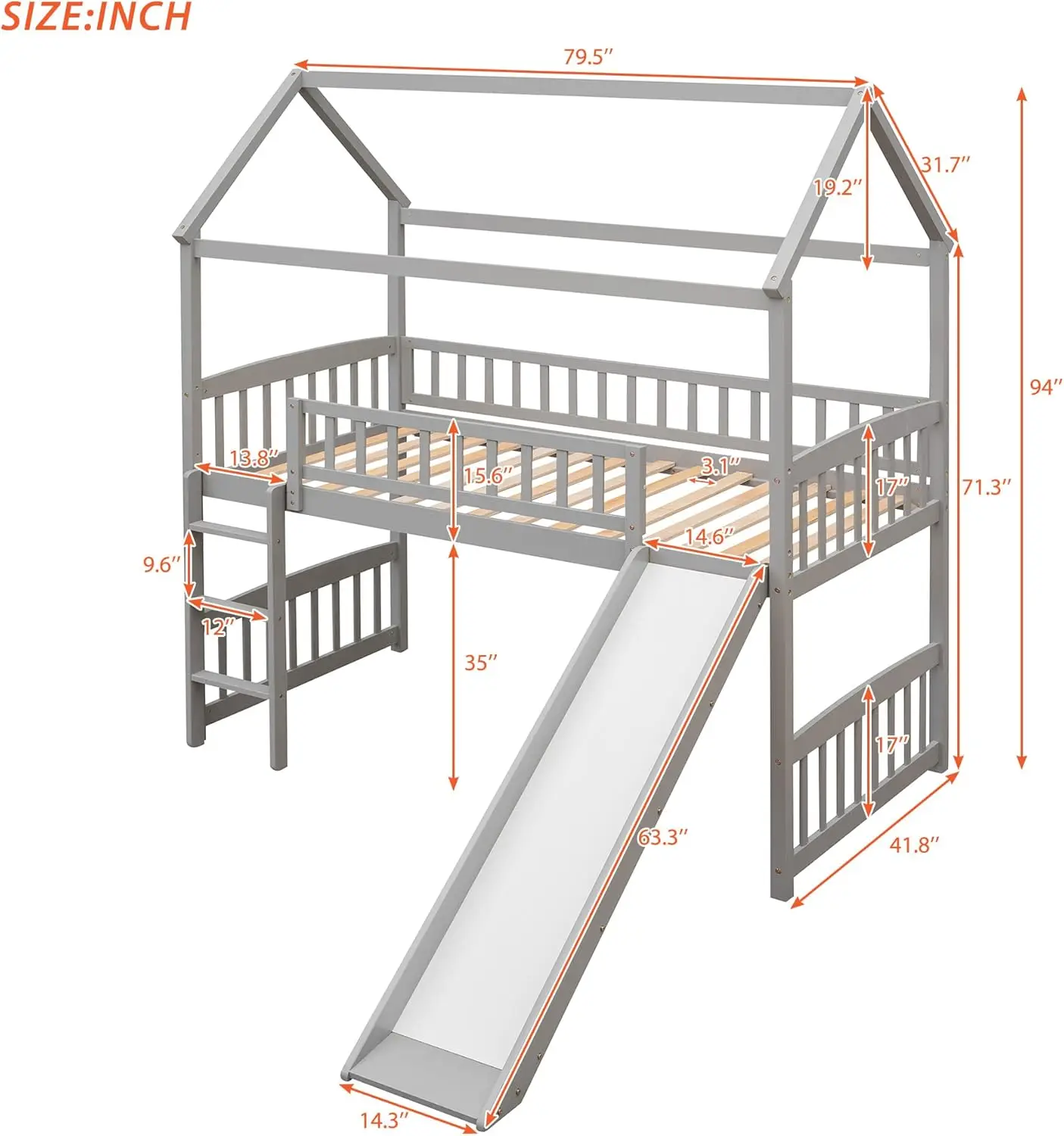 House Loft Bunk Bed With Slide No Box Spring Needed For Teens, Girls Or Boys, Twin, Gray