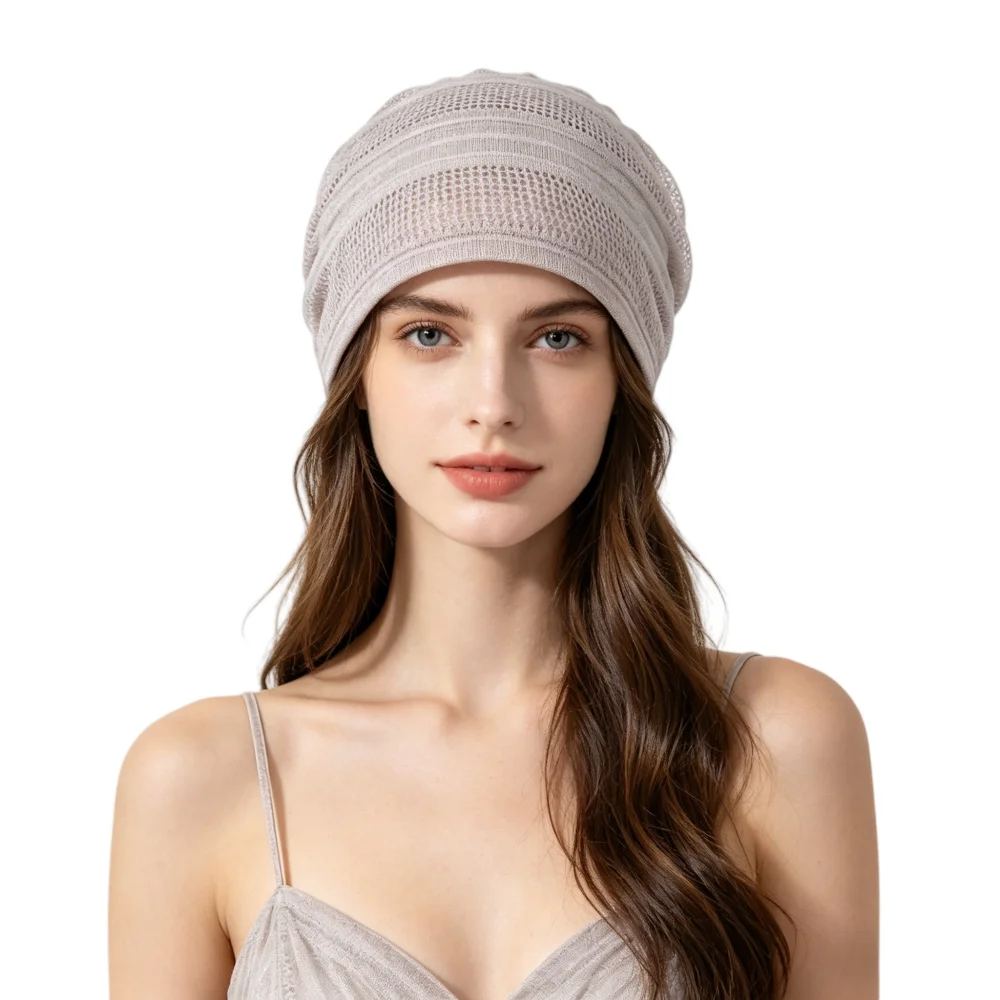 Women's Heather Light Lavender Mesh Knit Slouchy Beanie, Breathable Thin Summer Skullies, Soft Stretch Casual Bonnet Hat