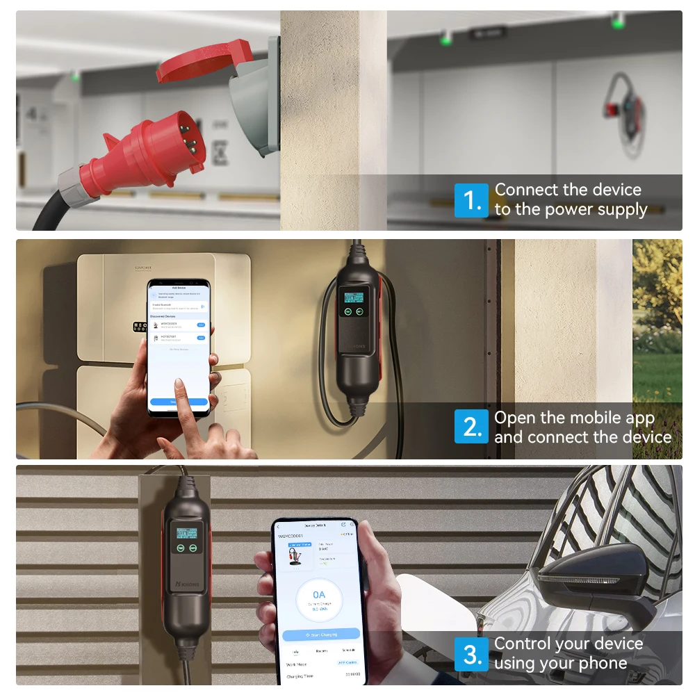 Cargador EV portátil Khons Type2 32A 22KW EVSE cargador trifásico enchufe CEE rojo adecuado para carga EV WIFI-APP Control Cable de 5M