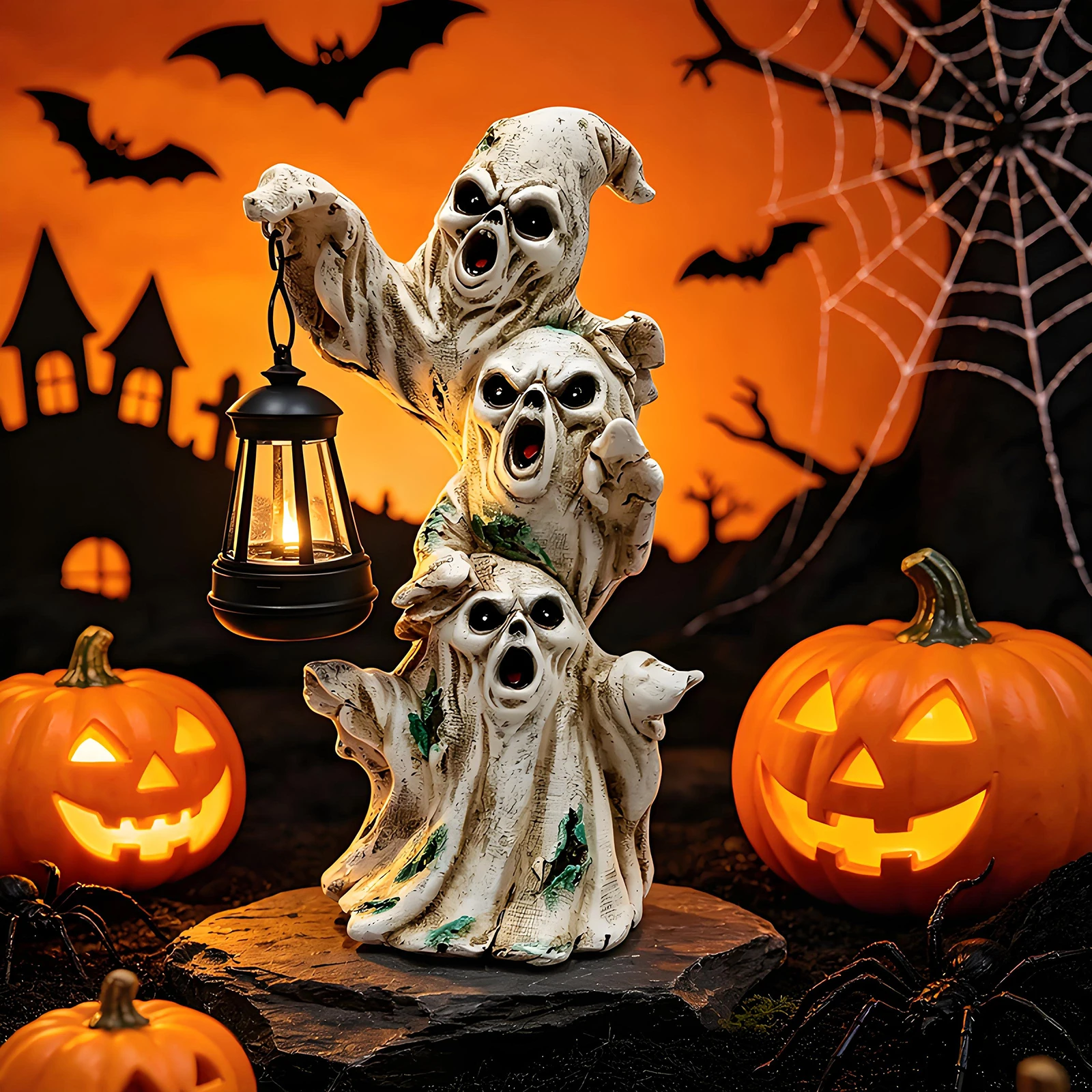 Triple Ghosts Figurine with Solar Lighted, Halloween Decorations Outdoor, Spooky Gifts Halloween Ghost Figurines Decor