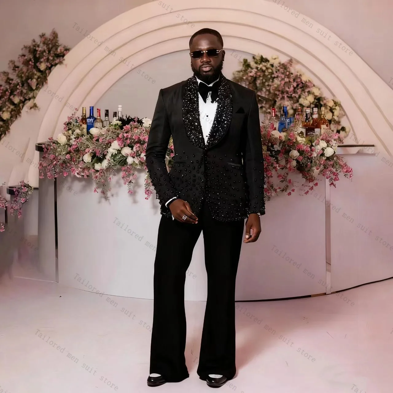 

Black Crystals Beaded Men Suits Set 2 Pieces Blazer+Pants Trousers Wedding Tuxedos Jacket Formal Office Customized Male Coat