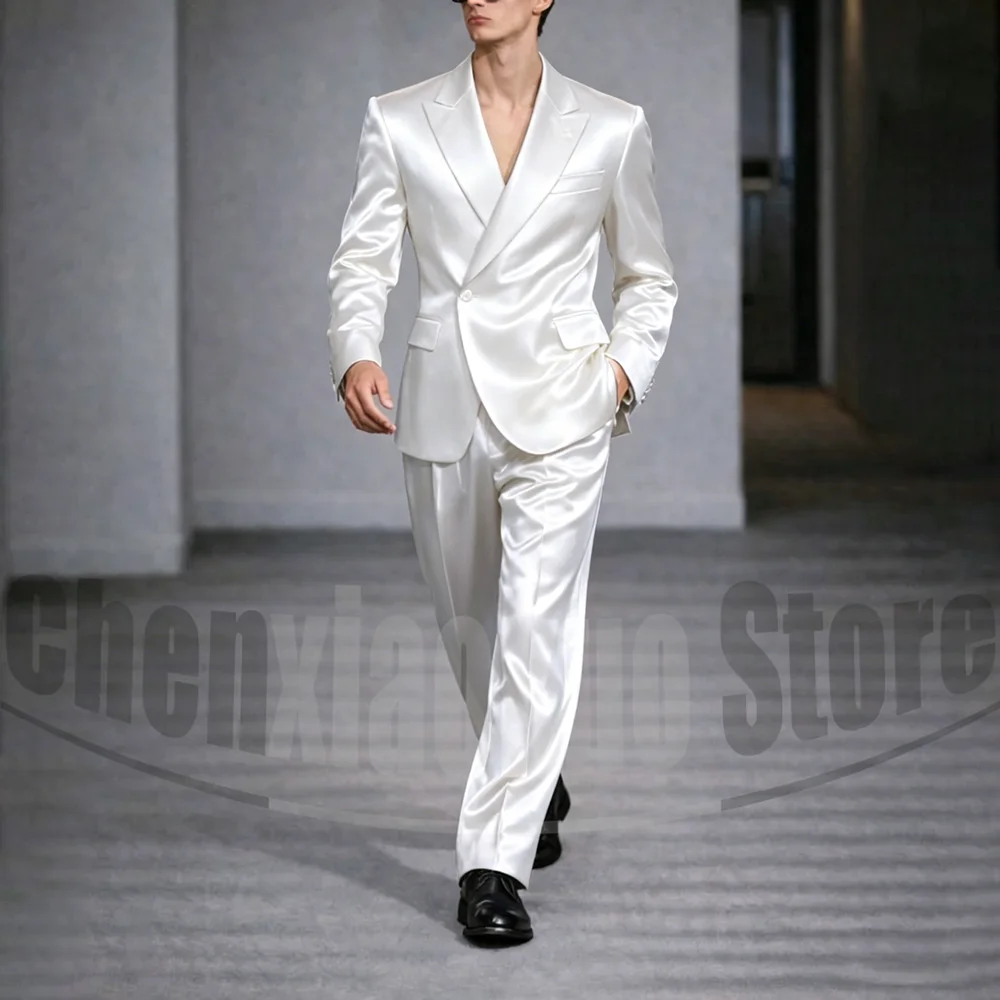 Men Satin Suit 2 Piece Fashion Peak Lapel One Button Outfit Formal Wedding Party Evening Premium Tuxedo Blazer and Pants