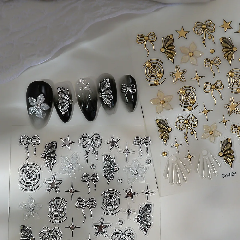 CO-524 Y2K Metal Texture Nail Art Stickers Gold Silver Butterfly Knot Icicle 3D Embossed Nail Decals Essential for Spicy Girls N